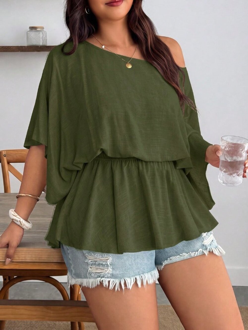 Army Green Casual Women's One Shoulder Pleated Waist Linen Blend Top